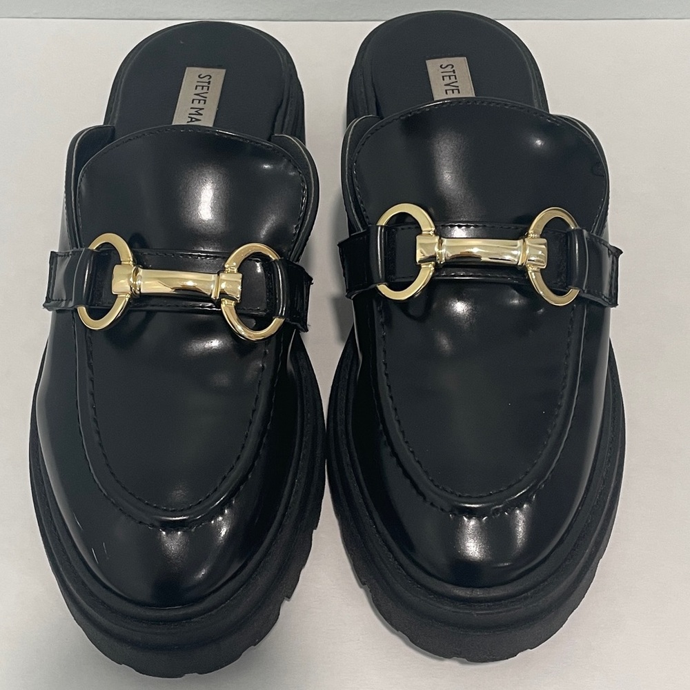 STEVE MADDEN Missk Black Patent Leather Chunky Lug Platform Mule Loafers (7) - Picture 2 of 15